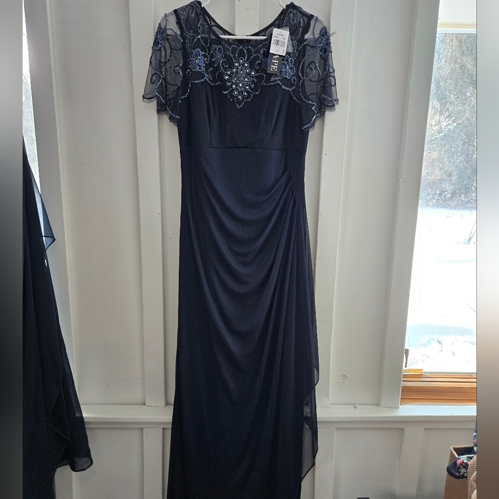 Xscape Navy Blue Maxi Dress with Lace Overlay